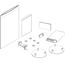 Explosietekening van een privacyschermset met schermelementen, grondplaten en bevestigingsmateriaal