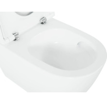 Detailopname van een wit keramisch wandtoilet met open toiletdeksel.