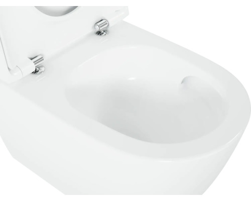 Detailopname van een wit keramisch wandtoilet met open toiletdeksel.