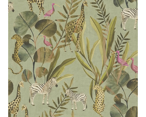 A.S. CRÉATION Vliesbehang 78218-1 Anna d´Andrea jungle bladeren bloemen dieren groen roze zwart Patroon met giraffen, zebra's, luipaarden, tropische planten en vogels