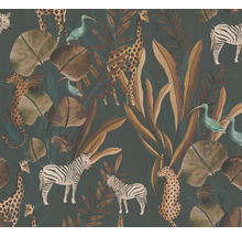 Behang met jungle motieven, inclusief zebra's, giraffen, luipaarden, bladeren en vogels