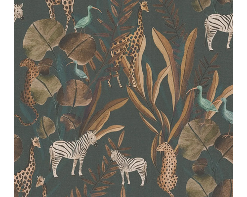 A.S. CRÉATION Vliesbehang 78218-2 Anna d´Andrea jungle bladeren dieren blauw bruin Behang met jungle motieven, inclusief zebra's, giraffen, luipaarden, bladeren en vogels