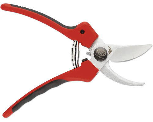 Tuinschaar met rode handgrepen en zilverkleurige messen