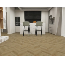 Moderne keuken met twee barkrukken en visgraatparket