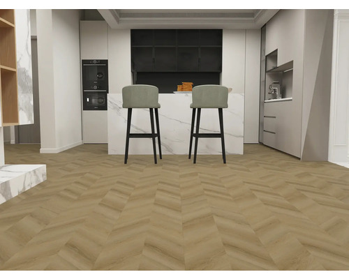 Moderne keuken met twee barkrukken en visgraatparket