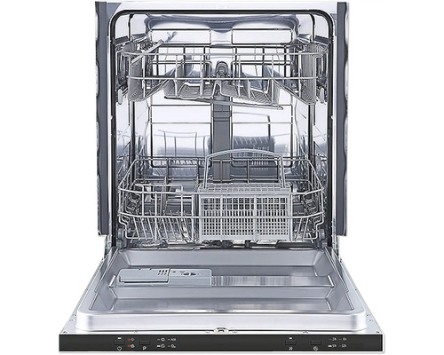 Geopende vaatwasser met bestekmanden en vaatwaskorven.