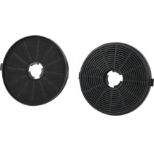 Twee ronde actieve koolstoffilters voor afzuigkappen, een filter met roosterstructuur en een filter met vliesoppervlak.