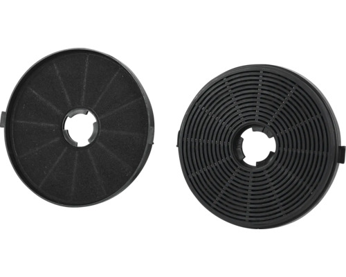 Twee ronde actieve koolstoffilters voor afzuigkappen, een filter met roosterstructuur en een filter met vliesoppervlak.