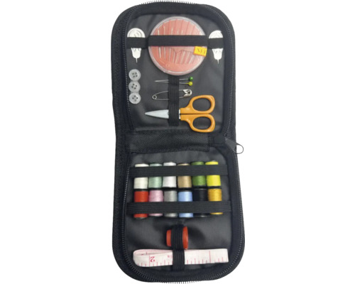 Naaigarnituur met naalden, garen, schaar en meetlint in etui met ritssluiting