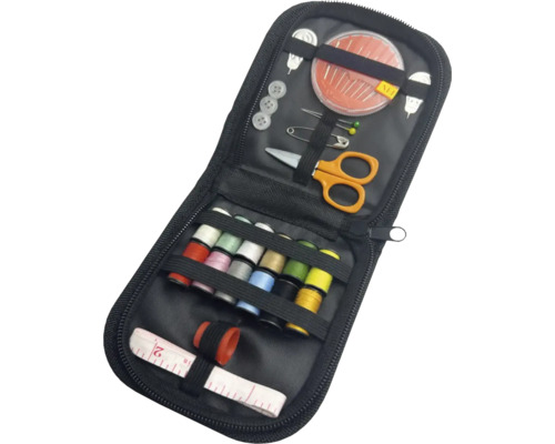 Naaiset in een etui met ritssluiting met naalden, draad, knopen en schaar