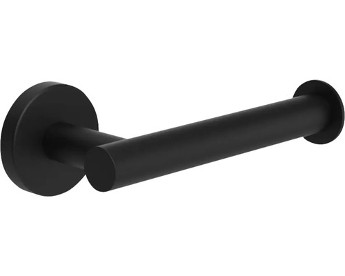 Zwarte toiletpapierhouder voor wandmontage.