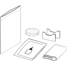 Inhoud van een reparatieset met patches, lijm, schuurpapier en gereedschap