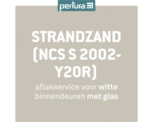 PERTURA Aflakservice voor 300 en 1000 witte glasdeuren strandzand Perlura Logo. Kleur strandzand NCS S 2002-Y20R, lakservice voor witte binnendeuren met glas