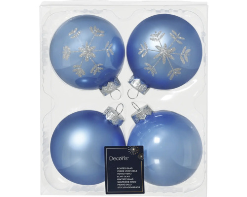 Vier blauwe glazen kerstballen, gedeeltelijk met sneeuwvlokpatroon, in verpakking