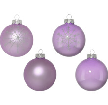 Vier paarse kerstballen, twee met sneeuwvlokpatroon