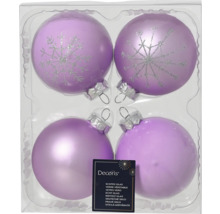 Vier lila kerstballen met sneeuwvlokpatroon in plastic verpakking
