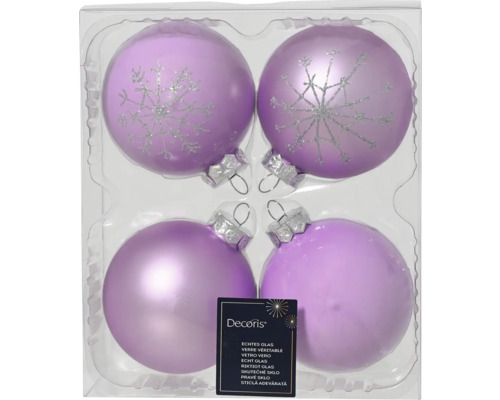 LAFIORA Kerstbal glas lila Ø 8 cm 4 st Vier lila kerstballen met sneeuwvlokpatroon in plastic verpakking