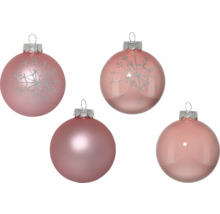 Vier roze kerstballen, sommige met sneeuwvlokpatroon