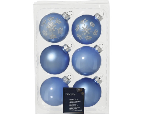 LAFIORA Kerstbal glas blauw Ø 6 cm 6 st Zes blauwe glazen kerstballen, waarvan sommige met sneeuwvlokmotief, in een transparante verpakking
