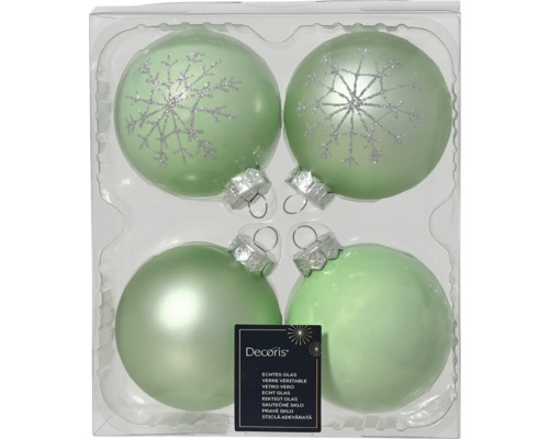 LAFIORA Kerstbal glas groen Ø 8 cm 4 st Vier lichtgroene glazen kerstballen, waarvan twee met sneeuwvlokmotief, in een transparante verpakking
