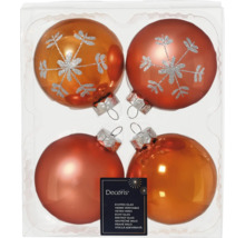 Vierkleurige glazen kerstballen met sneeuwvlokpatroon