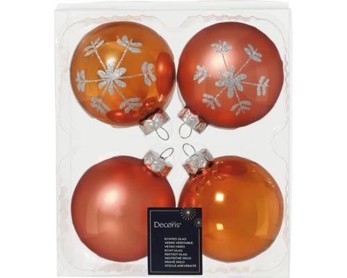 LAFIORA Kerstbal glas donker bruin Ø 8 cm 4 st Vierkleurige glazen kerstballen met sneeuwvlokpatroon