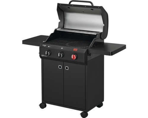 Gasbarbecue met open deksel en zijdelingse legtafels