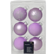 Zes lila glazen kerstballen met sneeuwvlokmotief in een verpakking