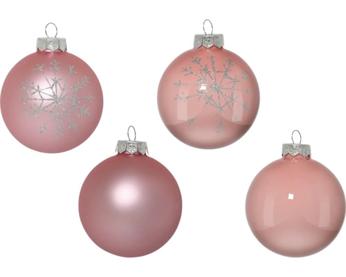 Vier kerstballen met en zonder sneeuwvlokpatroon