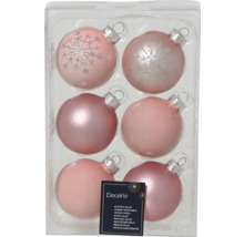 Verpakking van zes roze glazen kerstballen met sneeuwvlokmotief