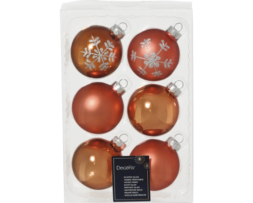 Glazen kerstballen met sneeuwvlokpatroon, zes stuks
