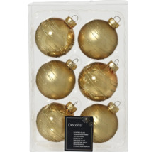 Zes glazen kerstballen met decoratie in doos