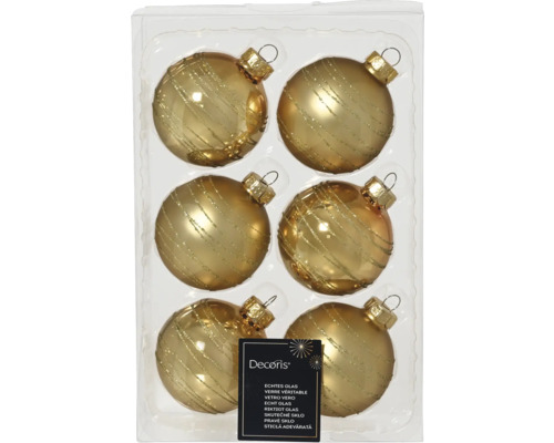 Zes glazen kerstballen met decoratie in doos