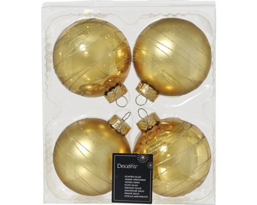Set van vier gouden kerstballen met glitterstrepen