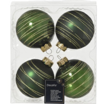 Set van vier groene glazen kerstballen met gouden strepen