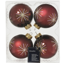 Vier glazen kerstballen met sterpatroon in verpakking