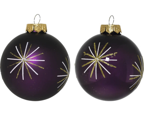 Twee paarse kerstballen met sterpatroon