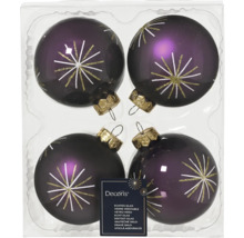 Vier versierde glazen kerstballen in doos