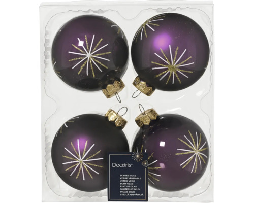 Vier versierde glazen kerstballen in doos