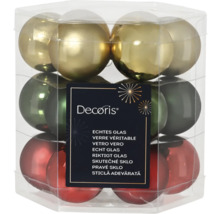 Set kerstballen van echt glas, gesorteerd in goud, groen en rood, verpakt in een transparante doos