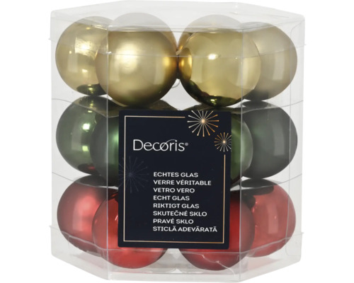 Set kerstballen van echt glas, gesorteerd in goud, groen en rood, verpakt in een transparante doos