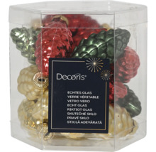 Verpakking met glazen kerstboomversiering in de vorm van dennenappels