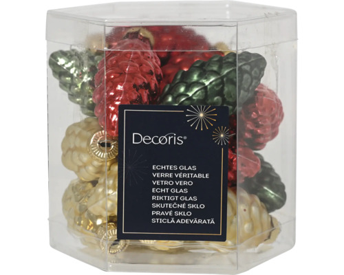 Verpakking met glazen kerstboomversiering in de vorm van dennenappels