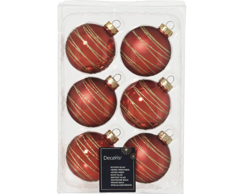 LAFIORA Kerstbal glas rood Ø 6 cm 6 st Set van zes rode glazen kerstballen met gouden strepen
