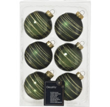Zes groene glazen kerstballen met gouden strepen