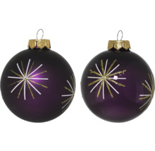 Twee violette kerstballen met sterpatroon