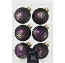 Verpakking van zes paarse glazen kerstballen met sterpatroon