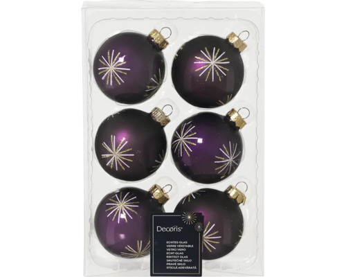 LAFIORA Kerstbal glas paars Ø 6 cm 6 st Verpakking van zes paarse glazen kerstballen met sterpatroon
