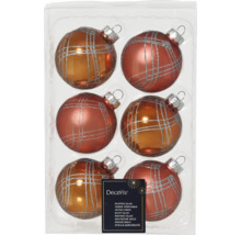 Zes glazen kerstballen met ruitpatroon in verpakking