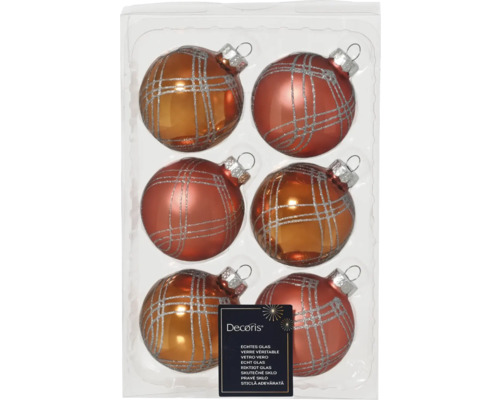 Zes glazen kerstballen met ruitpatroon in verpakking